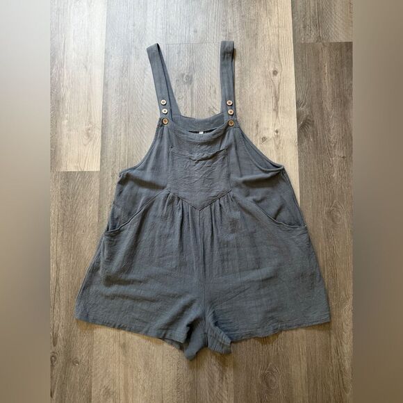 Romper Overalls Adjustable Boho Rayon Linen Blue Gray Medium - Picture 5 of 12